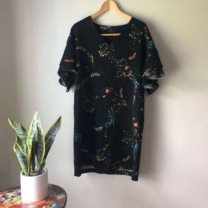 Worthington Black Floral Shift Dress size XL ruffle sleeves